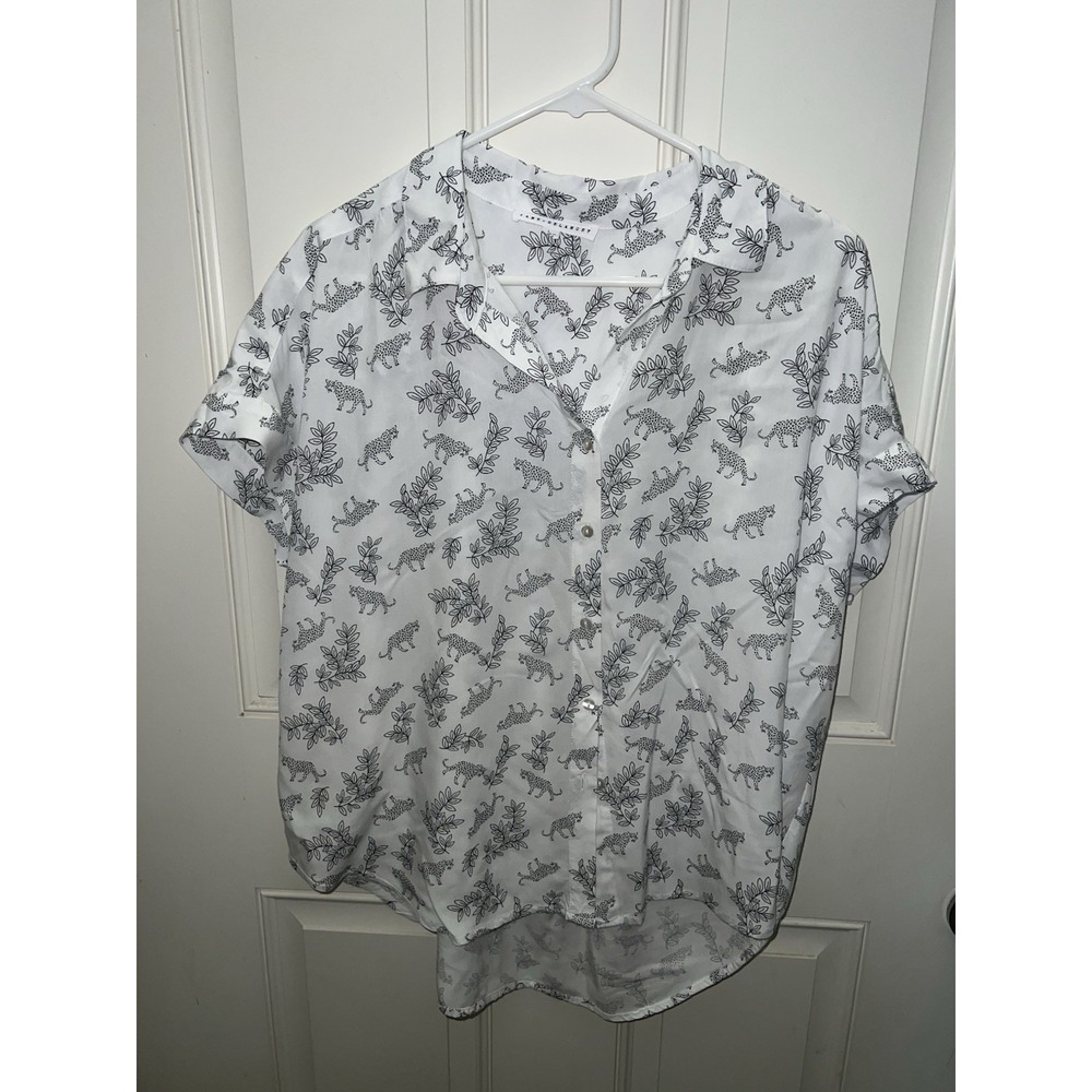 Women's Jane & Delancey Safari White Cheetah Button Up High Low Blouse Sz Lg